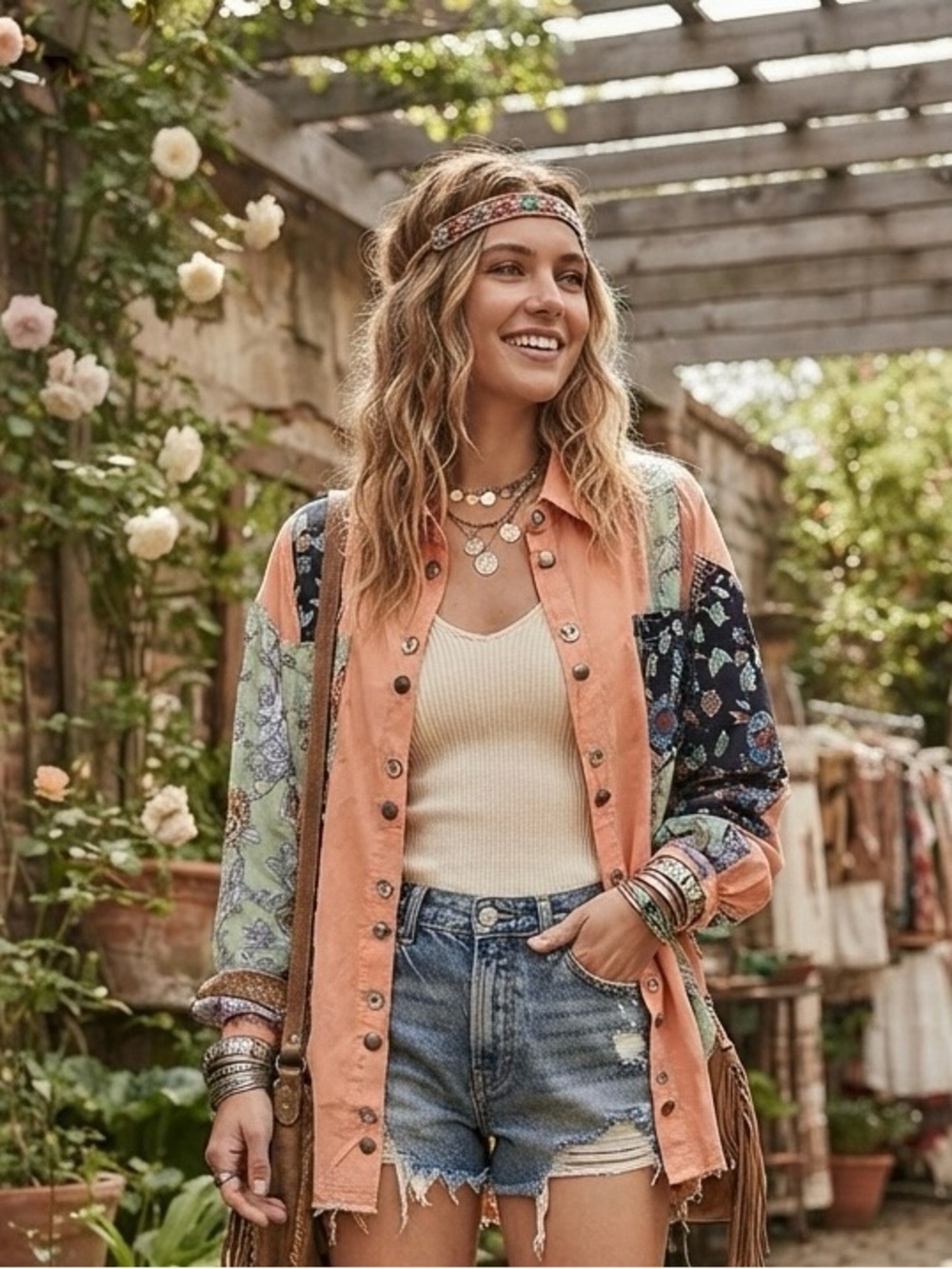 POL Boho Patchwork Button-Down Shirt
